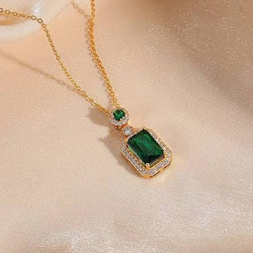 Gold Plating Stainless Steel Green Diamond Necklace
