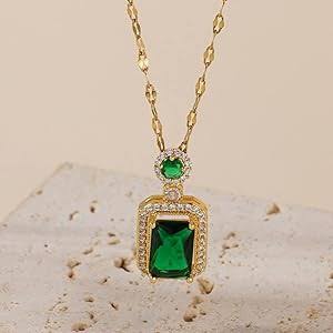 Gold Plating Stainless Steel Green Diamond Necklace