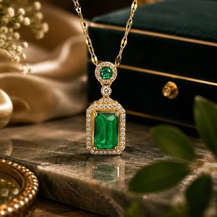 Gold Plating Stainless Steel Green Diamond Necklace